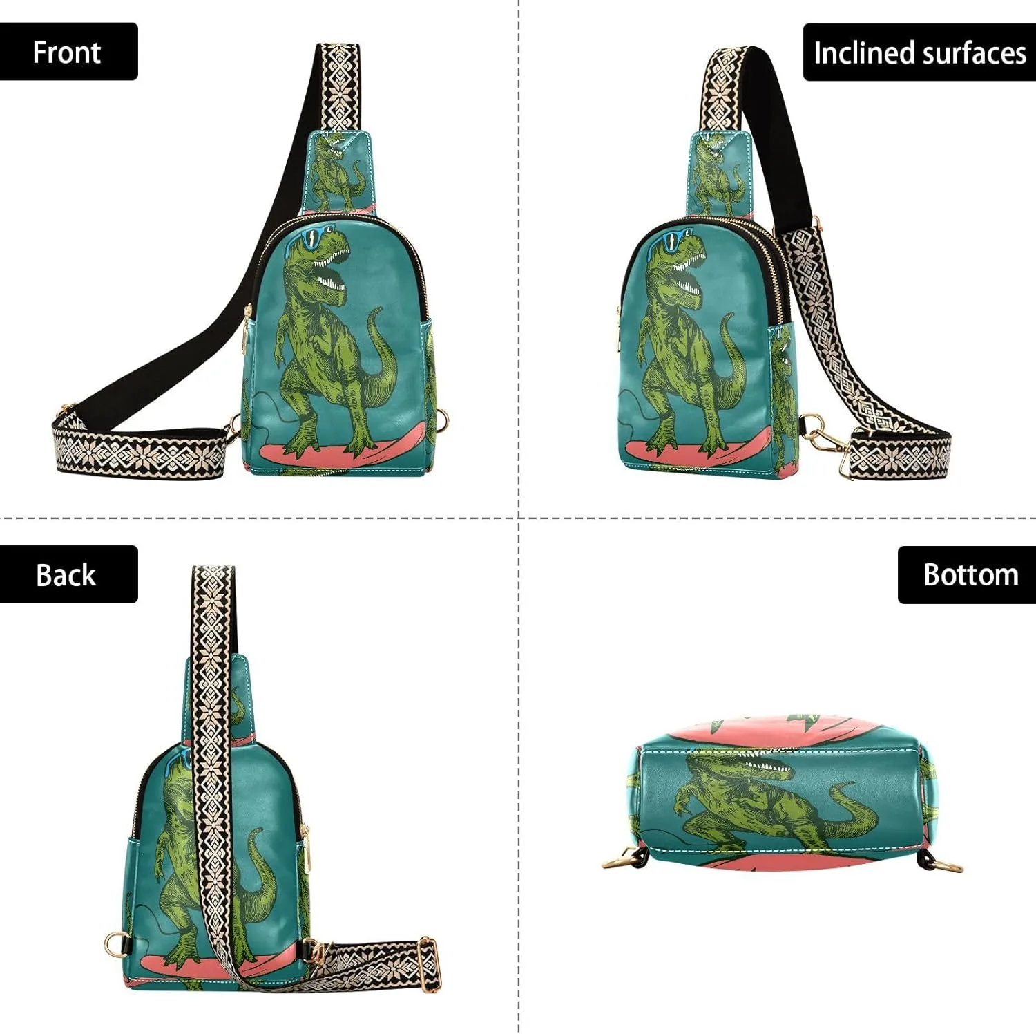 Small Sling Bag for Women Crossbody Happy Dinosaur Surfer Trendy Crossbody Bag Fanny Pack with Guitar Strap Sunglasses Skateboard Leather Chest Bag for Women Travel Outdoor Outfit