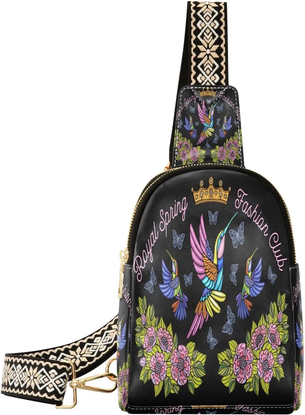 Small Sling Bag for Women Crossbody Hummingbirds Butterflies Trendy Crossbody Bag Fashion Waist Packs Embroidery Royal Leather Chest Bag Fanny Pack with Guitar Strap Travel Outdoor Outfit