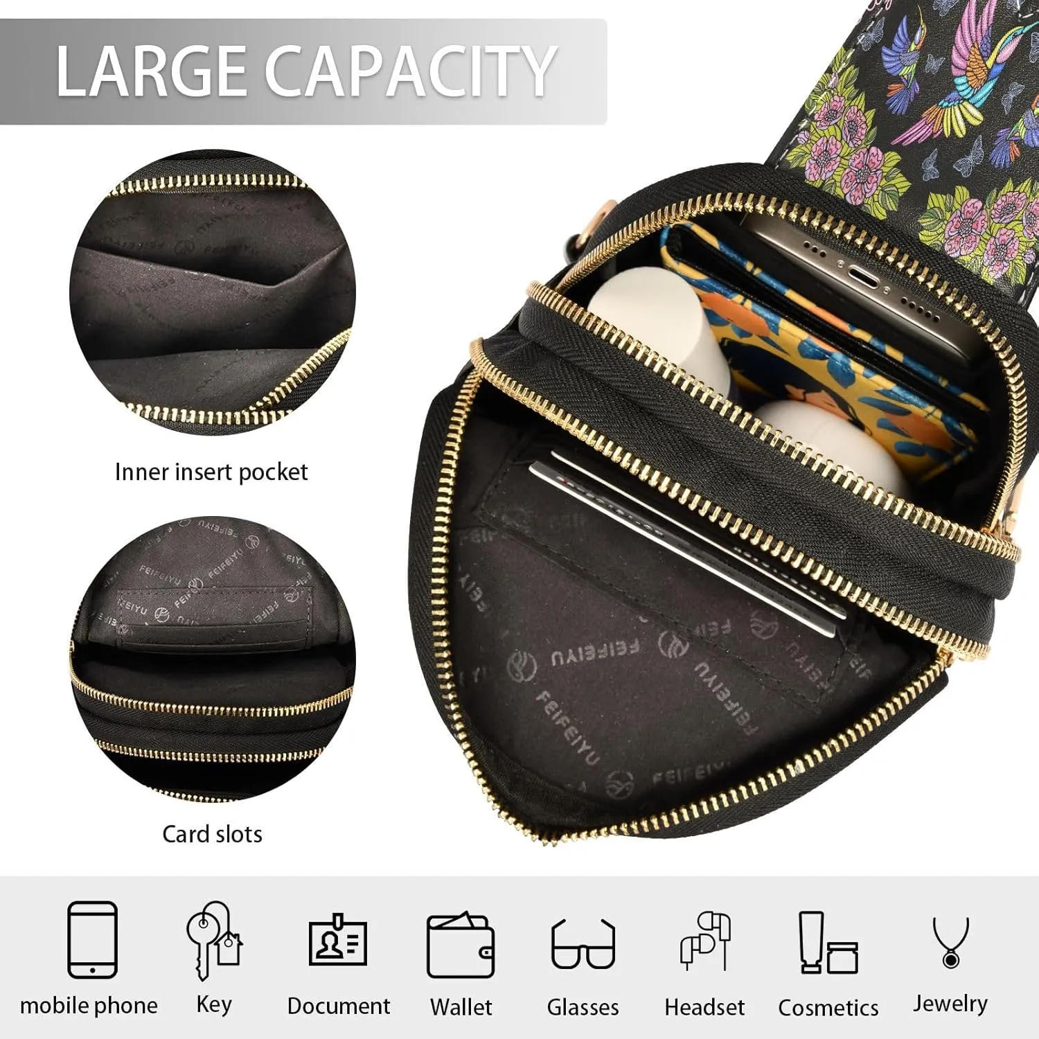 Small Sling Bag for Women Crossbody Hummingbirds Butterflies Trendy Crossbody Bag Fashion Waist Packs Embroidery Royal Leather Chest Bag Fanny Pack with Guitar Strap Travel Outdoor Outfit