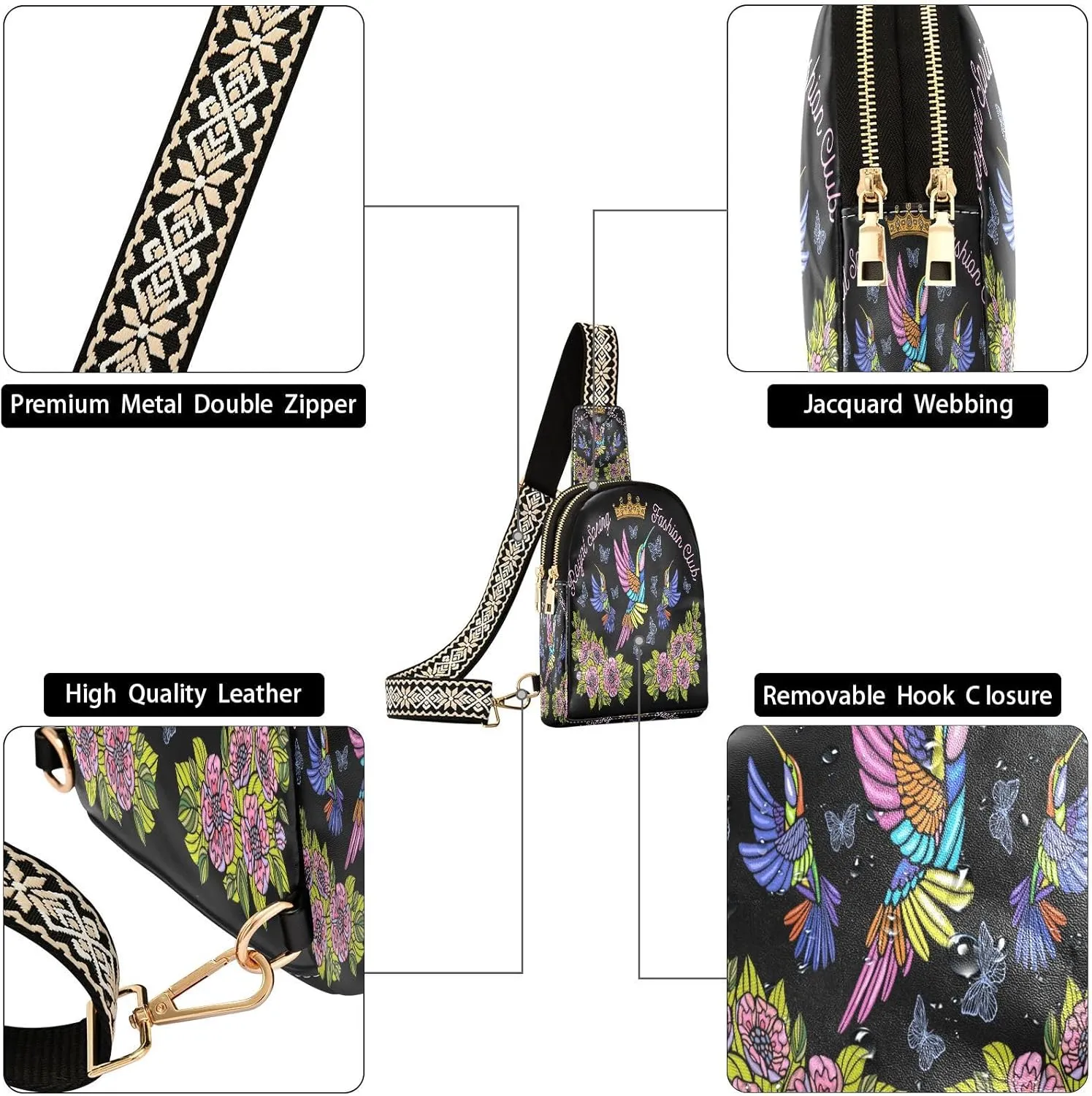 Small Sling Bag for Women Crossbody Hummingbirds Butterflies Trendy Crossbody Bag Fashion Waist Packs Embroidery Royal Leather Chest Bag Fanny Pack with Guitar Strap Travel Outdoor Outfit