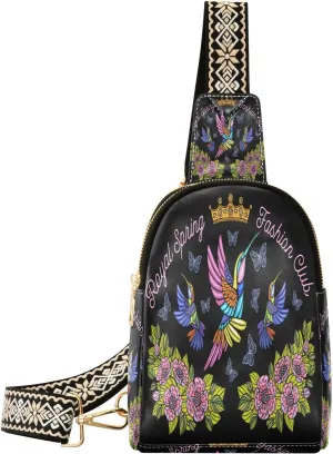 Small Sling Bag for Women Crossbody Hummingbirds Butterflies Trendy Crossbody Bag Fashion Waist Packs Embroidery Royal Leather Chest Bag Fanny Pack with Guitar Strap Travel Outdoor Outfit