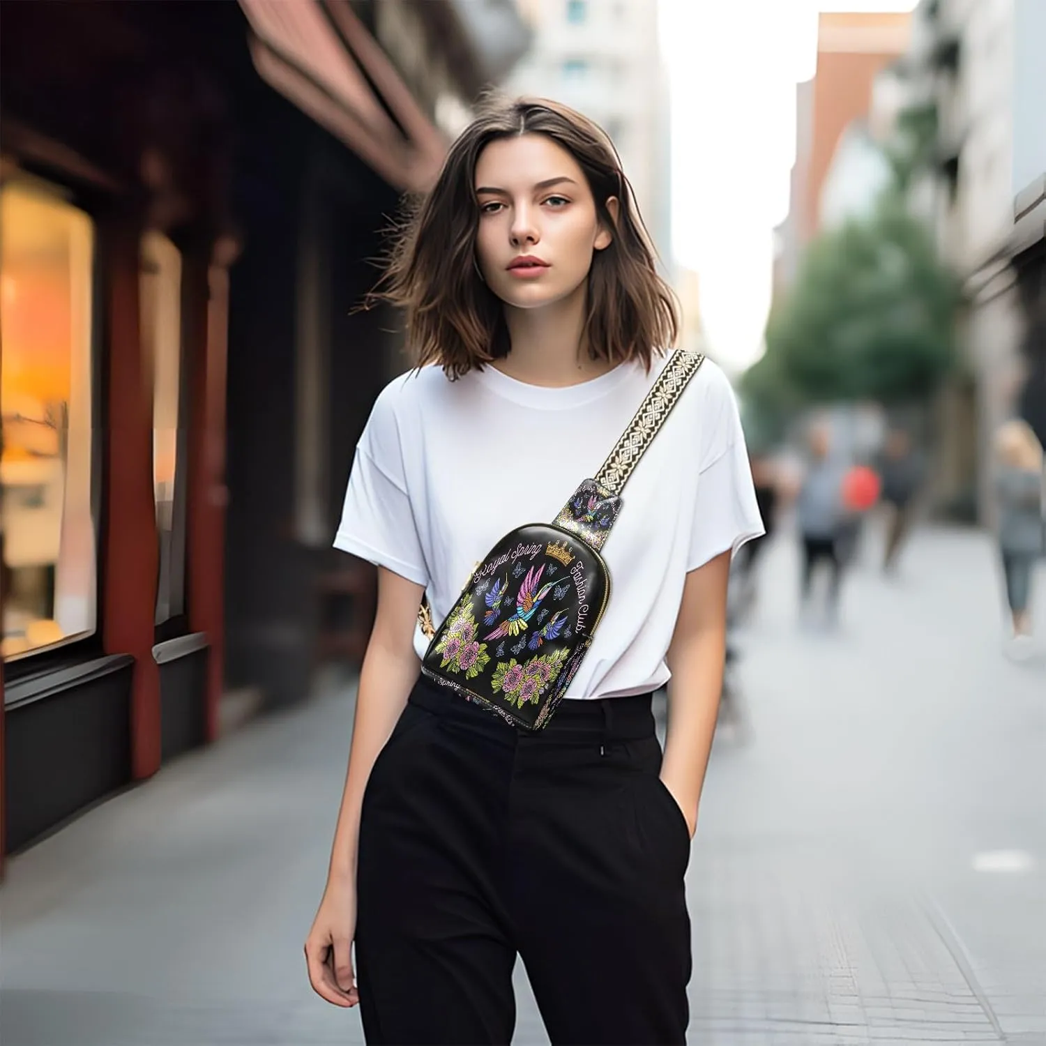 Small Sling Bag for Women Crossbody Hummingbirds Butterflies Trendy Crossbody Bag Fashion Waist Packs Embroidery Royal Leather Chest Bag Fanny Pack with Guitar Strap Travel Outdoor Outfit