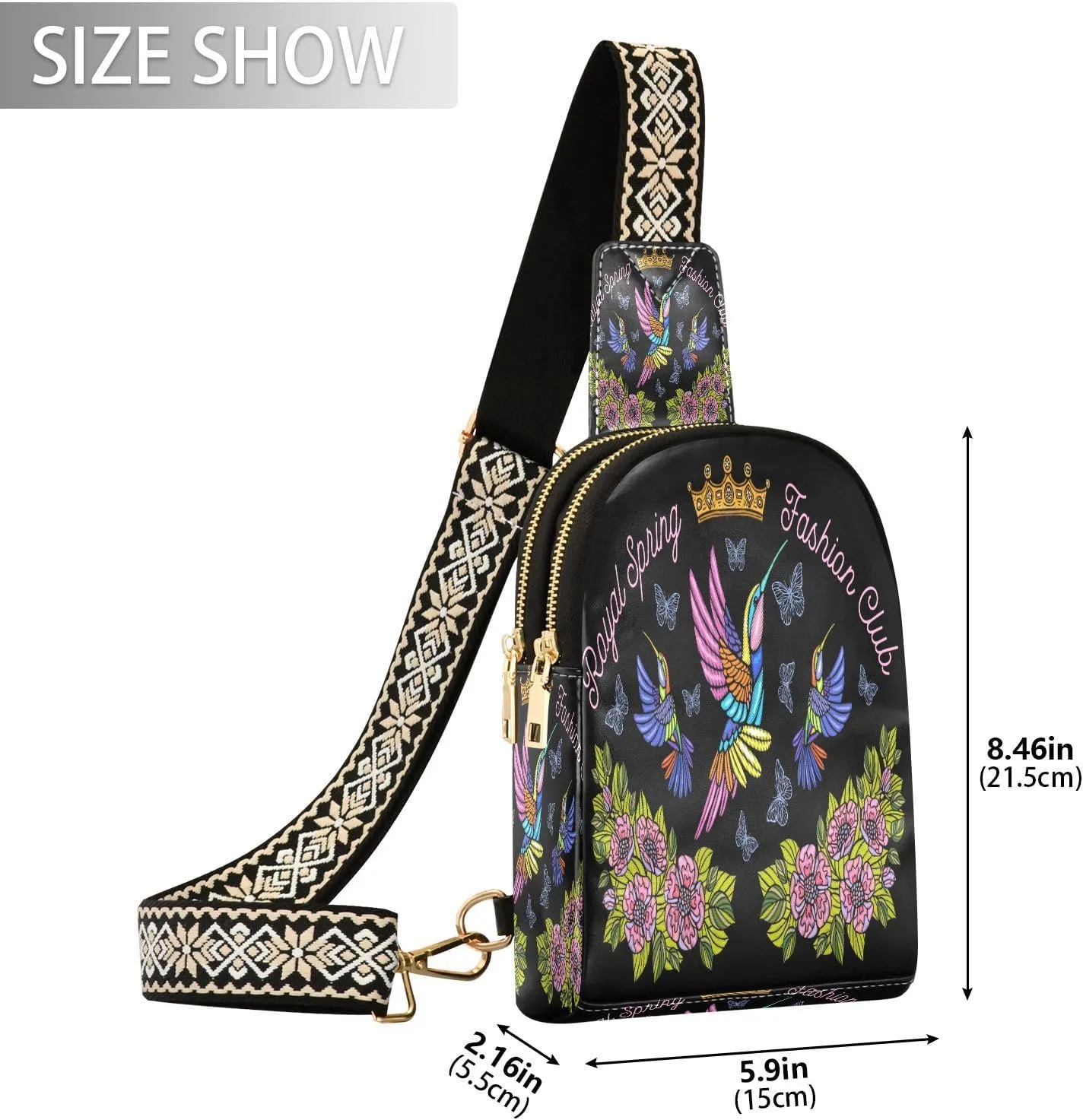 Small Sling Bag for Women Crossbody Hummingbirds Butterflies Trendy Crossbody Bag Fashion Waist Packs Embroidery Royal Leather Chest Bag Fanny Pack with Guitar Strap Travel Outdoor Outfit