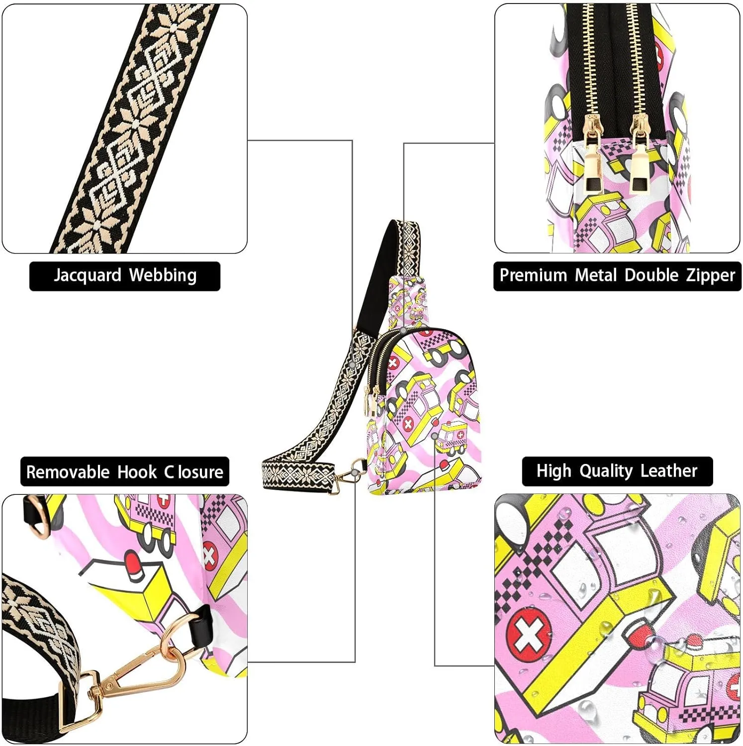 Small Sling Bag for Women Cute Ambulance Pattern Trendy Crossbody Bag Fanny Pack with Guitar Strap Pink Car Leather Chest Bag for Women Outdoor Travel Outfit