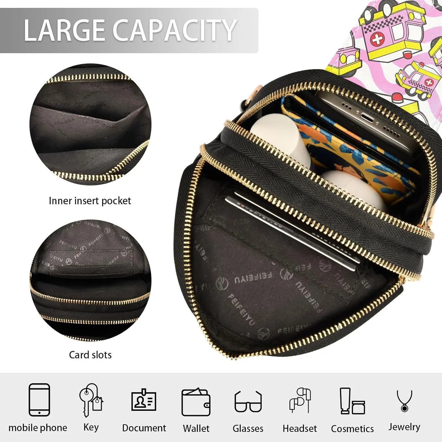 Small Sling Bag for Women Cute Ambulance Pattern Trendy Crossbody Bag Fanny Pack with Guitar Strap Pink Car Leather Chest Bag for Women Outdoor Travel Outfit