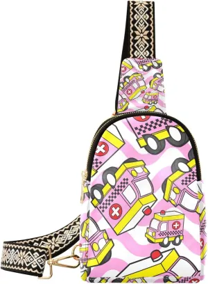Small Sling Bag for Women Cute Ambulance Pattern Trendy Crossbody Bag Fanny Pack with Guitar Strap Pink Car Leather Chest Bag for Women Outdoor Travel Outfit