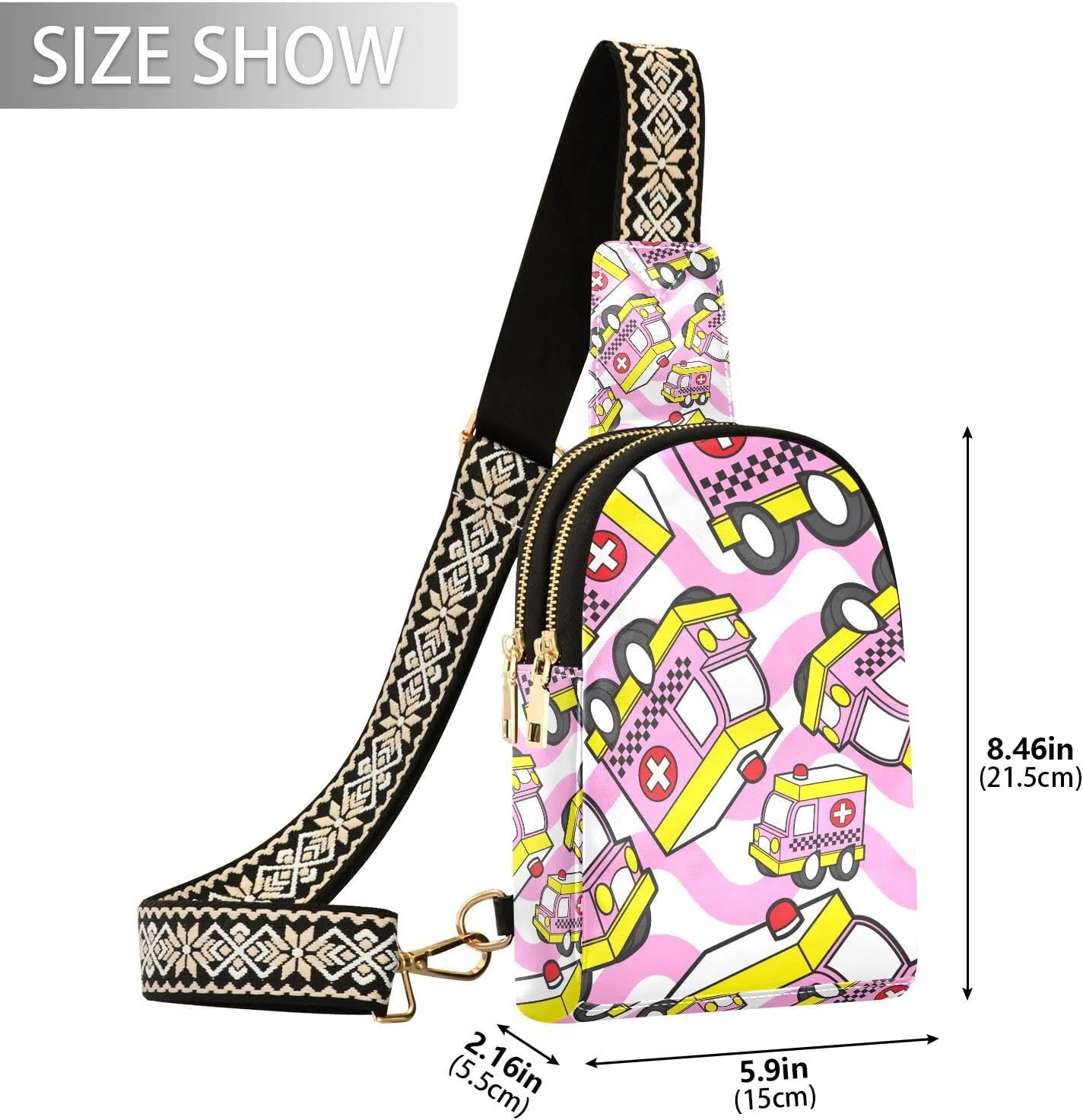 Small Sling Bag for Women Cute Ambulance Pattern Trendy Crossbody Bag Fanny Pack with Guitar Strap Pink Car Leather Chest Bag for Women Outdoor Travel Outfit