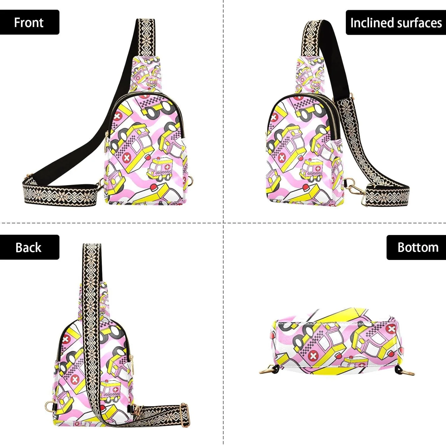 Small Sling Bag for Women Cute Ambulance Pattern Trendy Crossbody Bag Fanny Pack with Guitar Strap Pink Car Leather Chest Bag for Women Outdoor Travel Outfit
