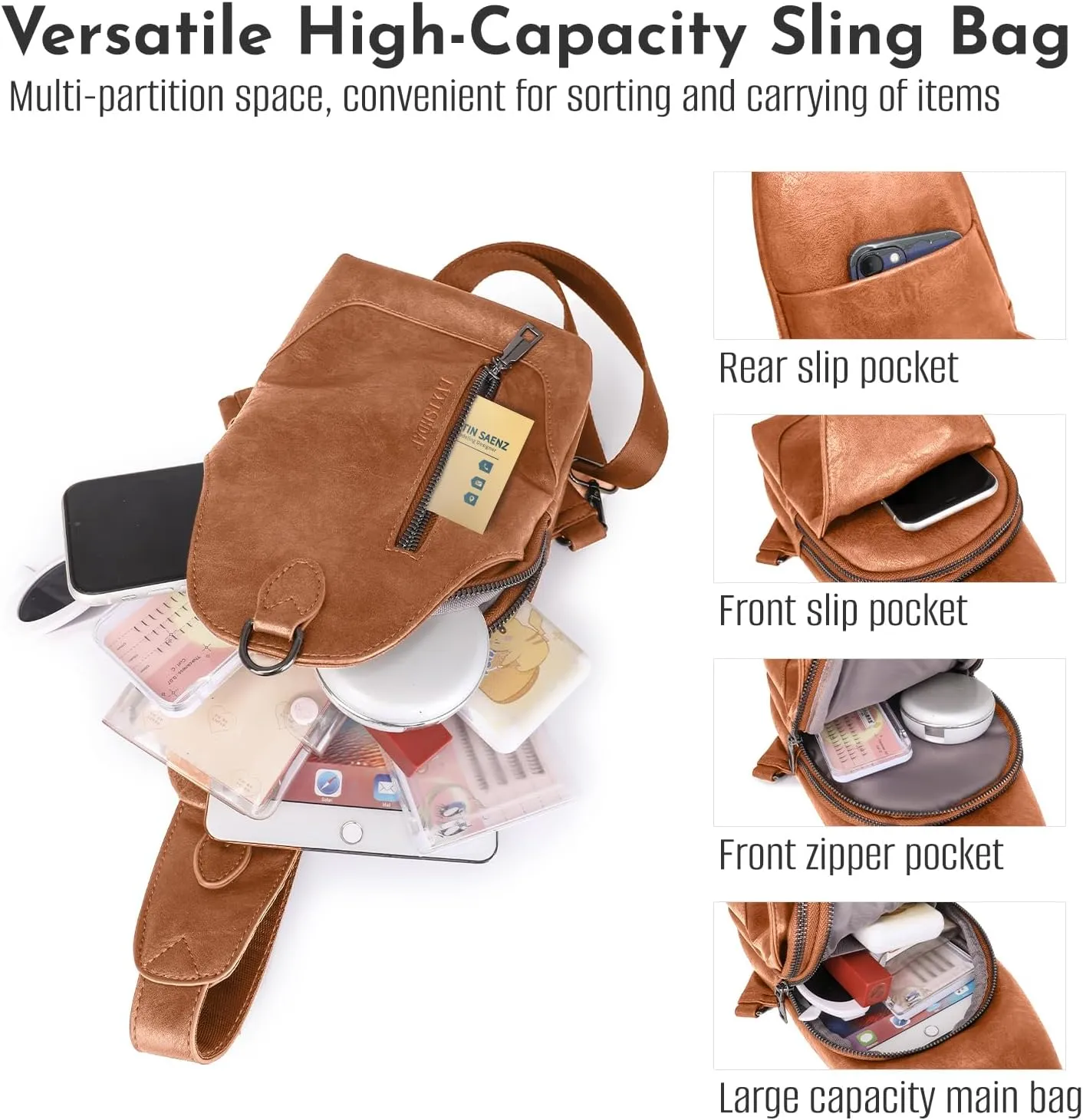 Small Sling Bag for Women - in Vegan Leather Versatile Fanny Pack, Crossbody Bags for Women with Adjustable Guitar Belt Suitable, Brown