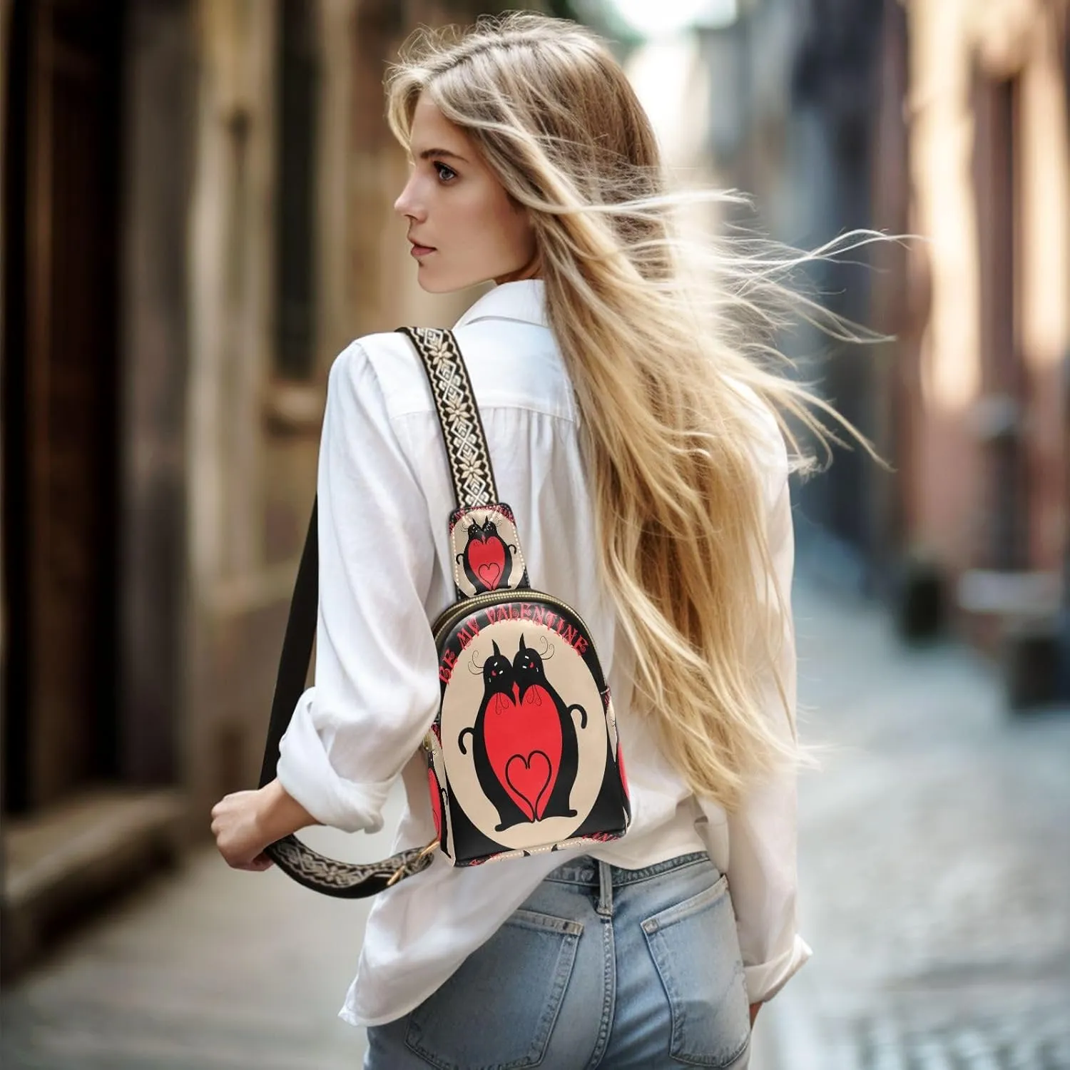 Small Sling Bag for Women Valentine Black Cats Trendy Crossbody Bag Fanny Pack with Guitar Strap Red Heart Leather Chest Bag for Women Outdoor Travel Outfit