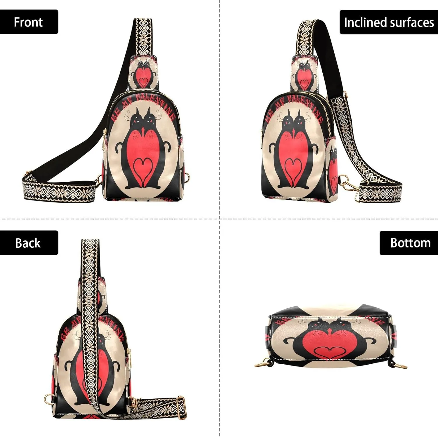 Small Sling Bag for Women Valentine Black Cats Trendy Crossbody Bag Fanny Pack with Guitar Strap Red Heart Leather Chest Bag for Women Outdoor Travel Outfit