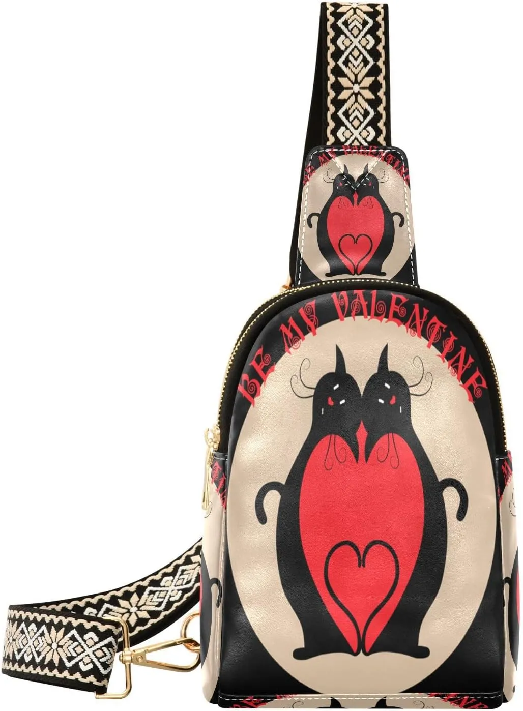 Small Sling Bag for Women Valentine Black Cats Trendy Crossbody Bag Fanny Pack with Guitar Strap Red Heart Leather Chest Bag for Women Outdoor Travel Outfit