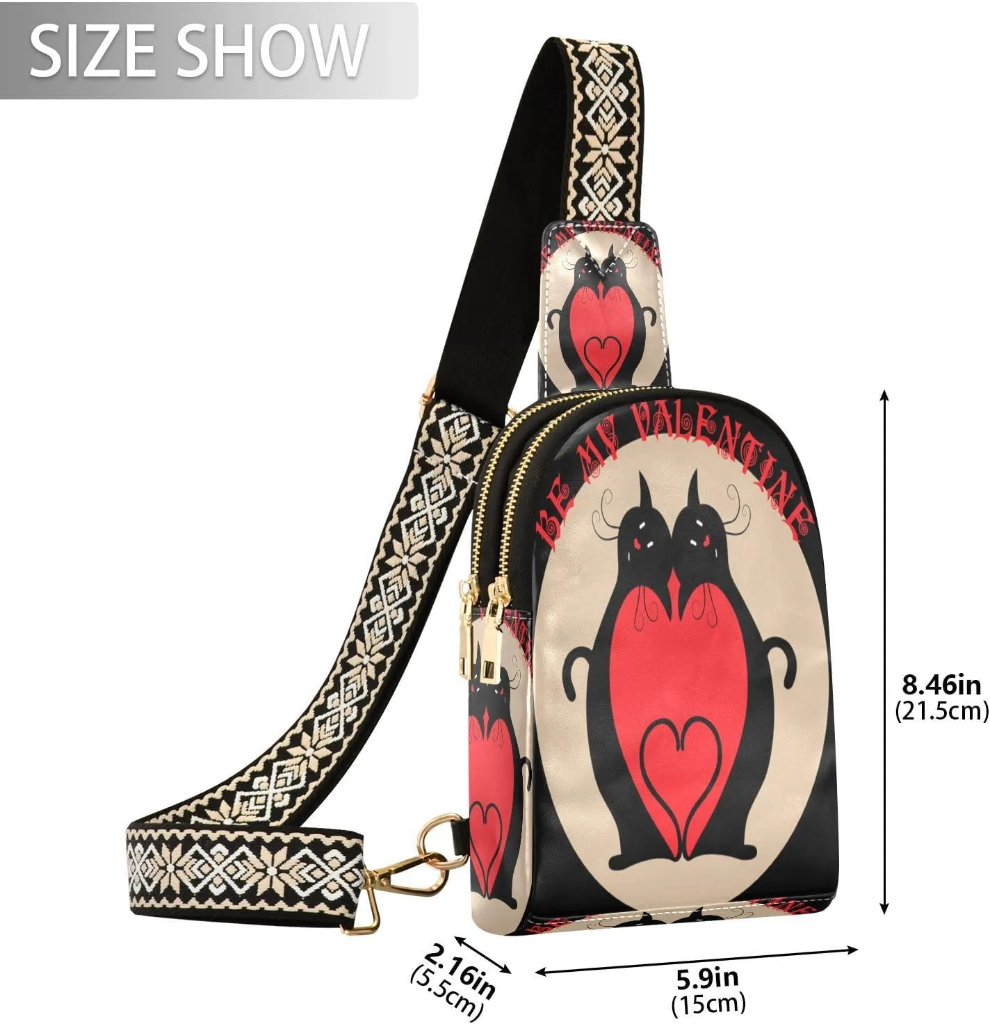 Small Sling Bag for Women Valentine Black Cats Trendy Crossbody Bag Fanny Pack with Guitar Strap Red Heart Leather Chest Bag for Women Outdoor Travel Outfit