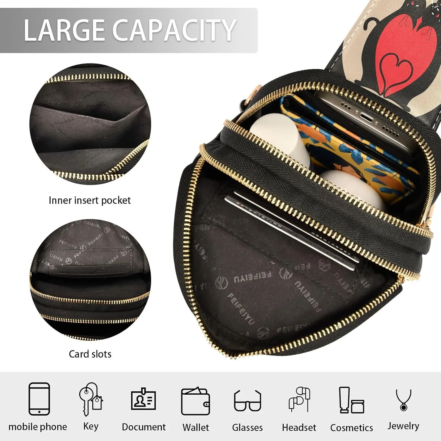 Small Sling Bag for Women Valentine Black Cats Trendy Crossbody Bag Fanny Pack with Guitar Strap Red Heart Leather Chest Bag for Women Outdoor Travel Outfit