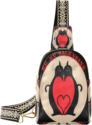Small Sling Bag for Women Valentine Black Cats Trendy Crossbody Bag Fanny Pack with Guitar Strap Red Heart Leather Chest Bag for Women Outdoor Travel Outfit