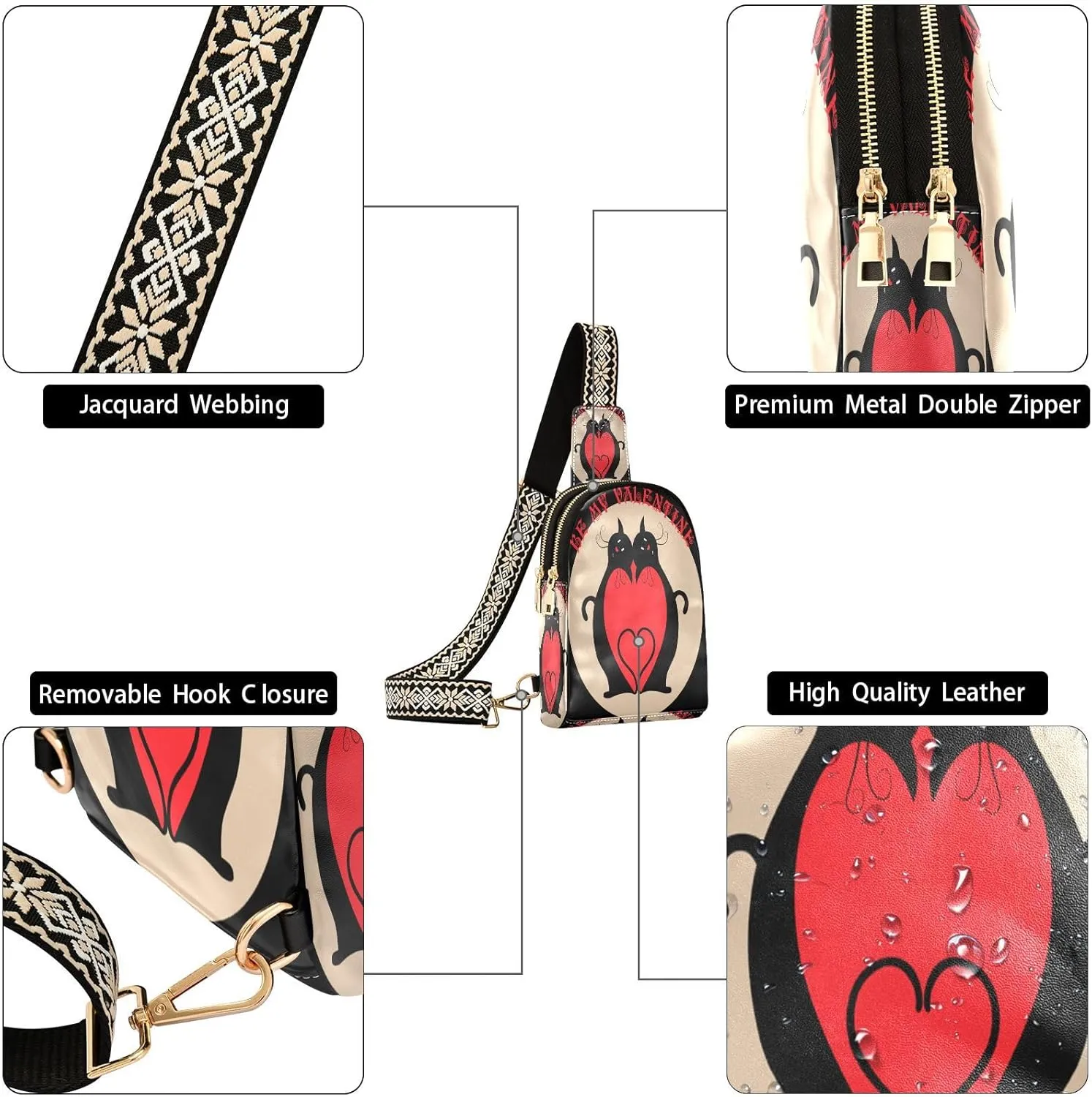 Small Sling Bag for Women Valentine Black Cats Trendy Crossbody Bag Fanny Pack with Guitar Strap Red Heart Leather Chest Bag for Women Outdoor Travel Outfit