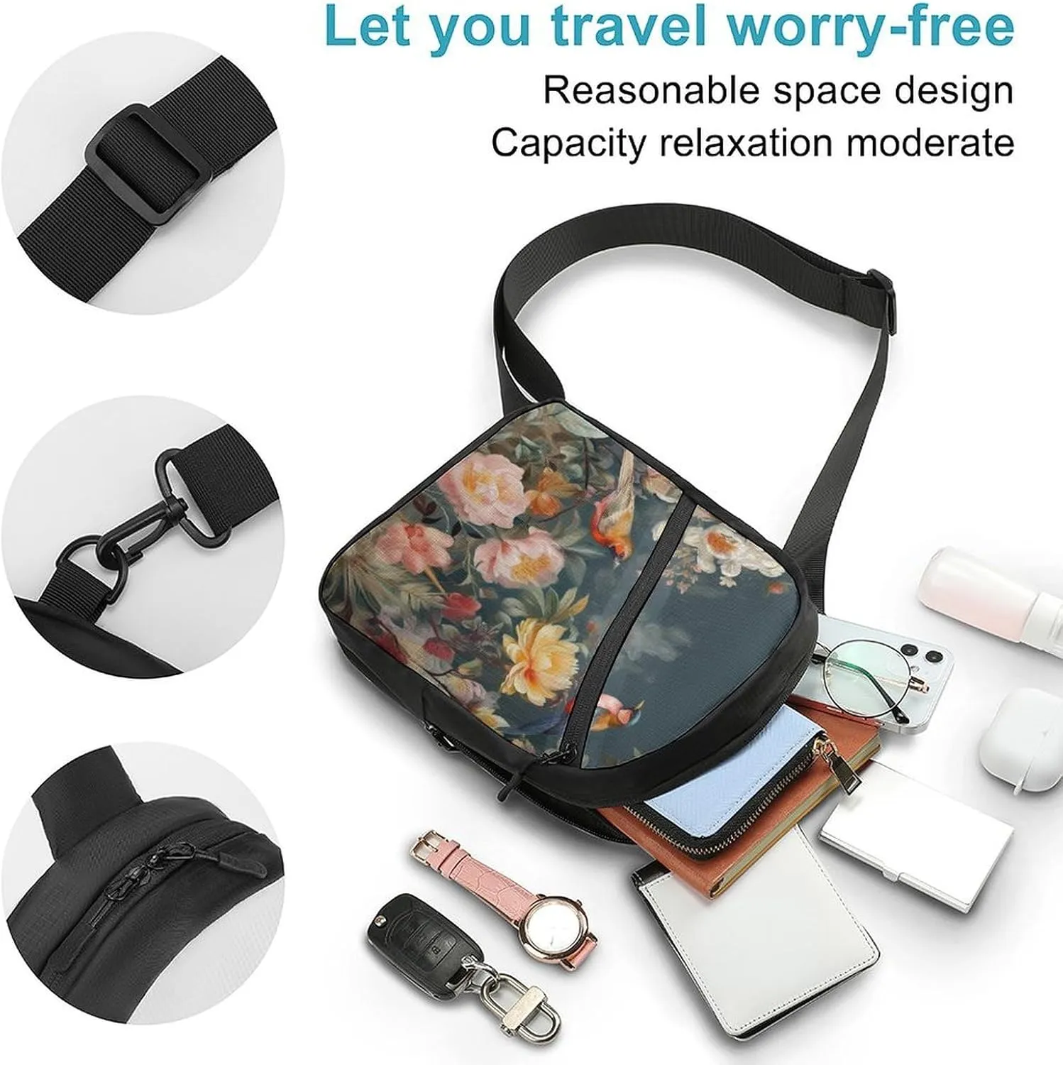 Small Sling Chest Bag Crossbody Bag for Men Women,Flowers Birds Lightweight Gym Daypack for Travel Cycling Hiking