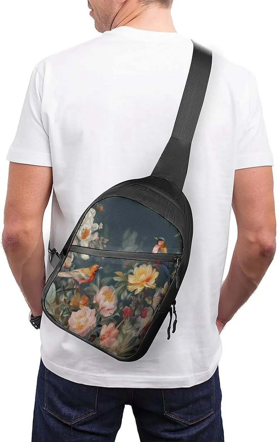 Small Sling Chest Bag Crossbody Bag for Men Women,Flowers Birds Lightweight Gym Daypack for Travel Cycling Hiking