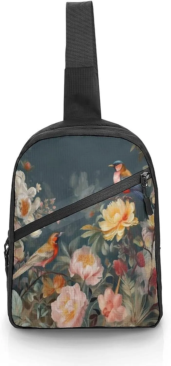 Small Sling Chest Bag Crossbody Bag for Men Women,Flowers Birds Lightweight Gym Daypack for Travel Cycling Hiking