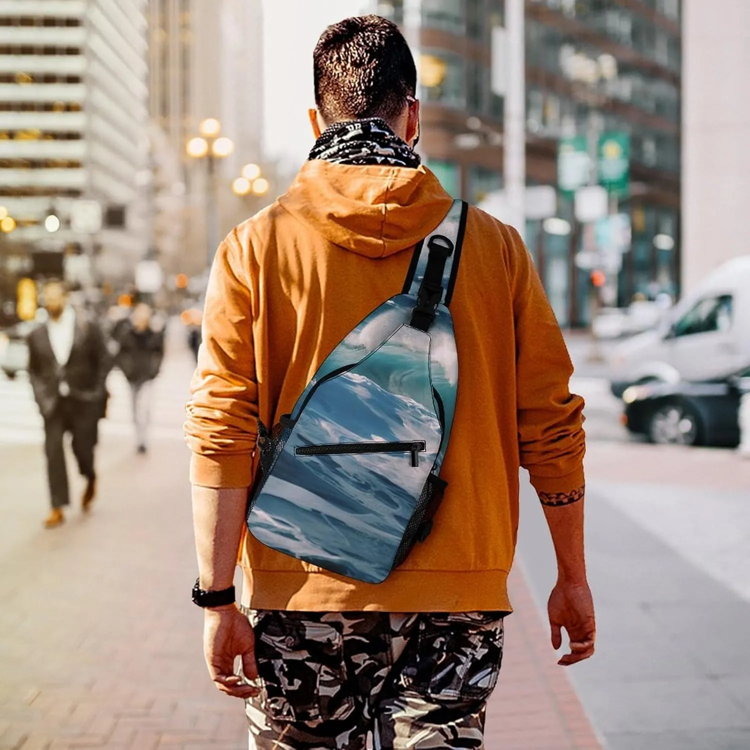 Small Sling Chest Bag Crossbody Bag for Men Women,Ocean Waves Lightweight Gym Daypack for Travel Cycling Hiking