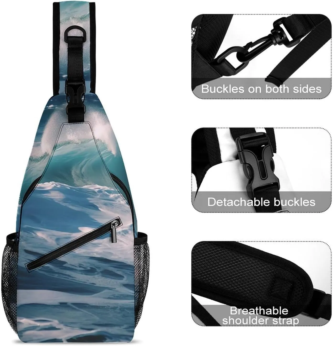 Small Sling Chest Bag Crossbody Bag for Men Women,Ocean Waves Lightweight Gym Daypack for Travel Cycling Hiking