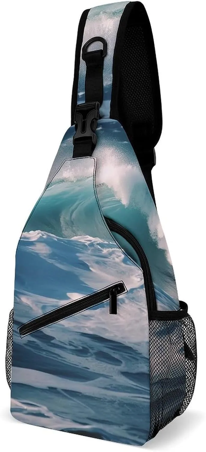 Small Sling Chest Bag Crossbody Bag for Men Women,Ocean Waves Lightweight Gym Daypack for Travel Cycling Hiking