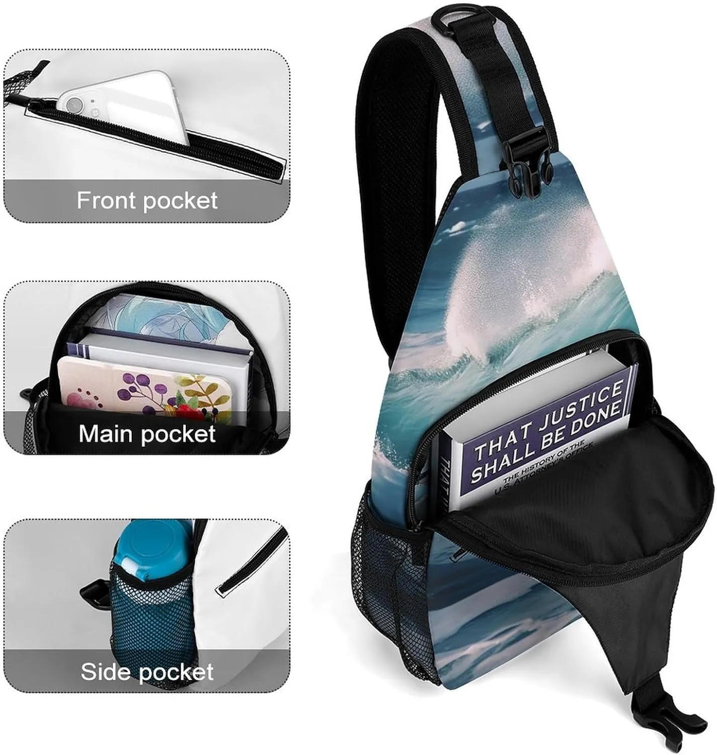 Small Sling Chest Bag Crossbody Bag for Men Women,Ocean Waves Lightweight Gym Daypack for Travel Cycling Hiking