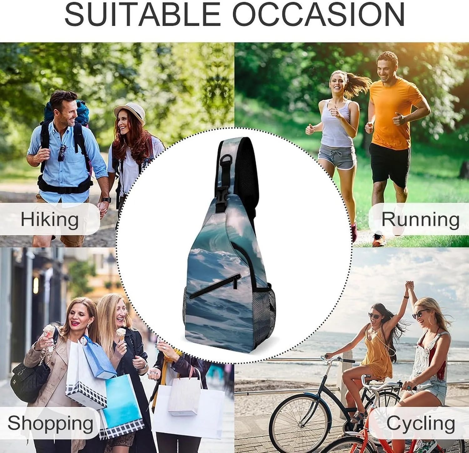 Small Sling Chest Bag Crossbody Bag for Men Women,Ocean Waves Lightweight Gym Daypack for Travel Cycling Hiking