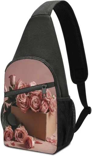 Small Sling Chest Bag Crossbody Bag for Men Women,Roses in Box Lightweight Gym Daypack for Travel Cycling Hiking