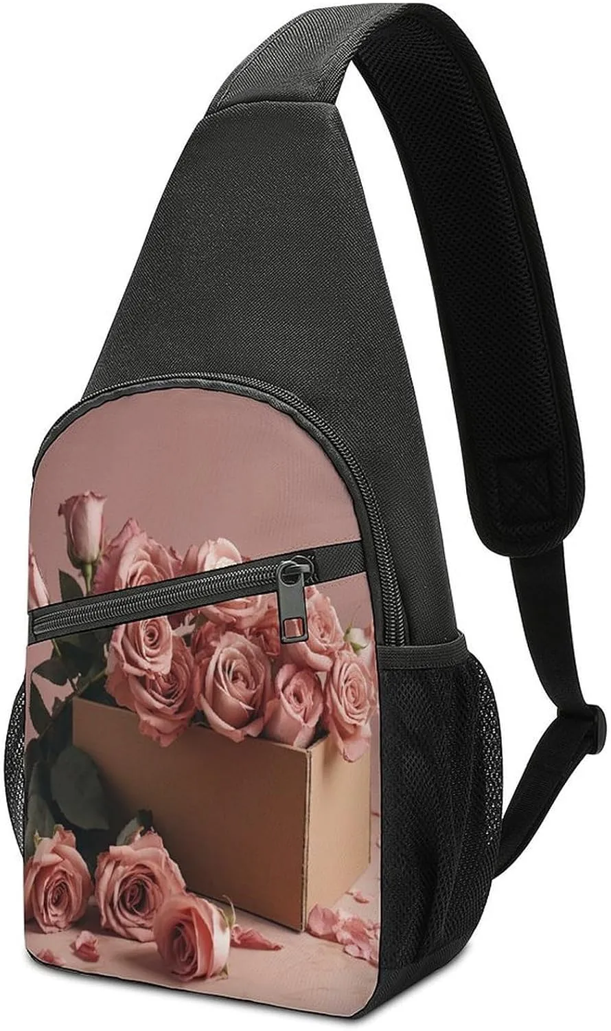 Small Sling Chest Bag Crossbody Bag for Men Women,Roses in Box Lightweight Gym Daypack for Travel Cycling Hiking