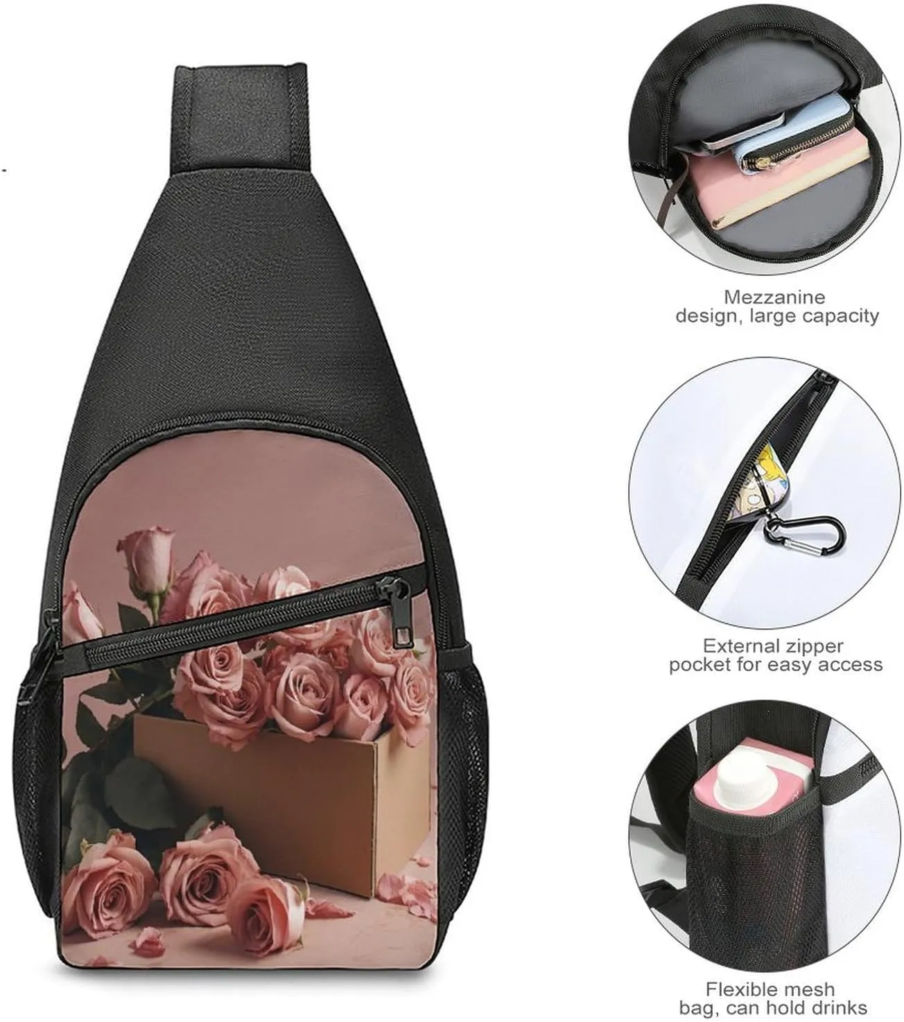 Small Sling Chest Bag Crossbody Bag for Men Women,Roses in Box Lightweight Gym Daypack for Travel Cycling Hiking