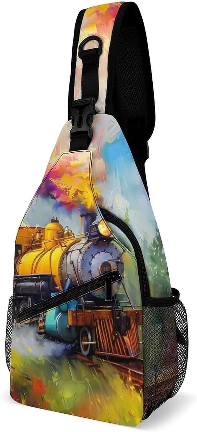 Smoke Steam Train Painting Crossbody Sling Bags Shoulder Backpack Chest DayPack Handbag