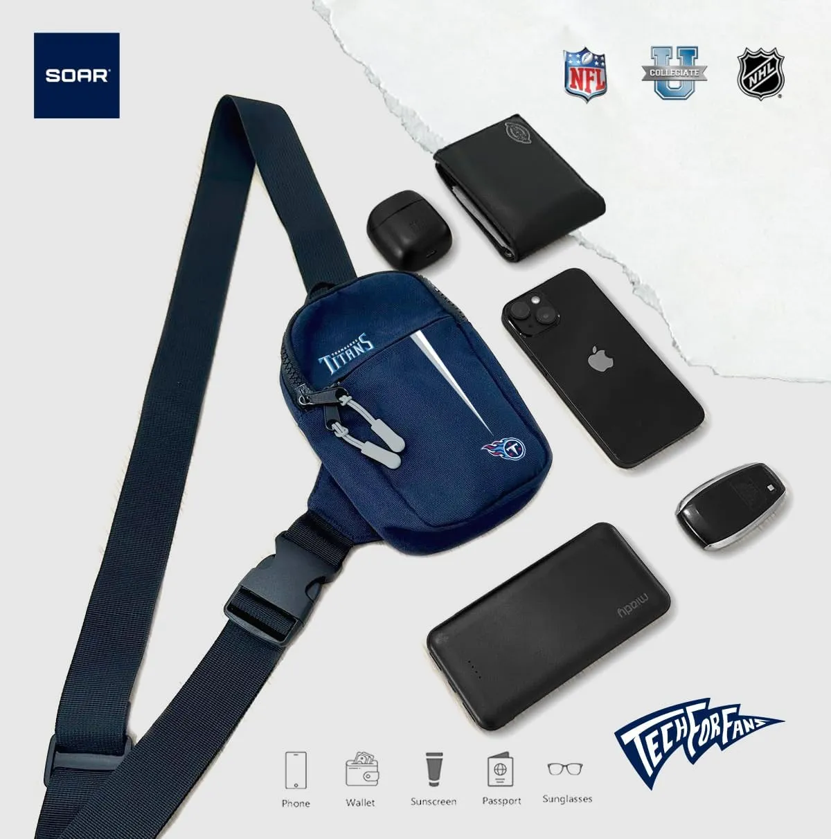 SOAR Unisex Crossbody Tech Adjustable Strap Travel Backpack Officially Licensed NFL, Mini Sling Bag