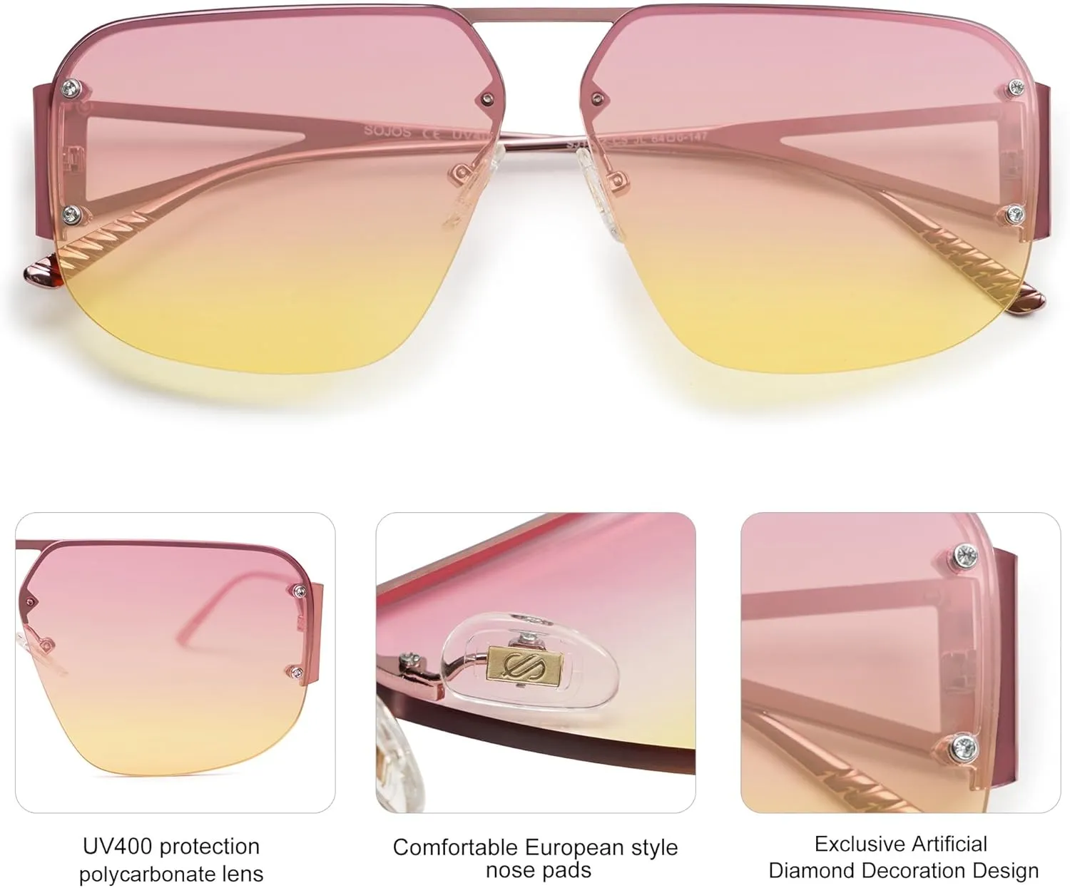 SOJOS Trendy Aviator Sunglasses Mens Womens Retro Metal Rimless Frame Shades Lentes De Sol Para Mujer SJ1192
