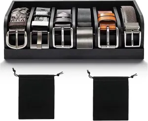 Solid Wood 6-Compartment Belt Organizer for Men and Women - Ideal for Closet & Drawer Storage, with 2 Bonus Waterproof Travel Bags (Black)