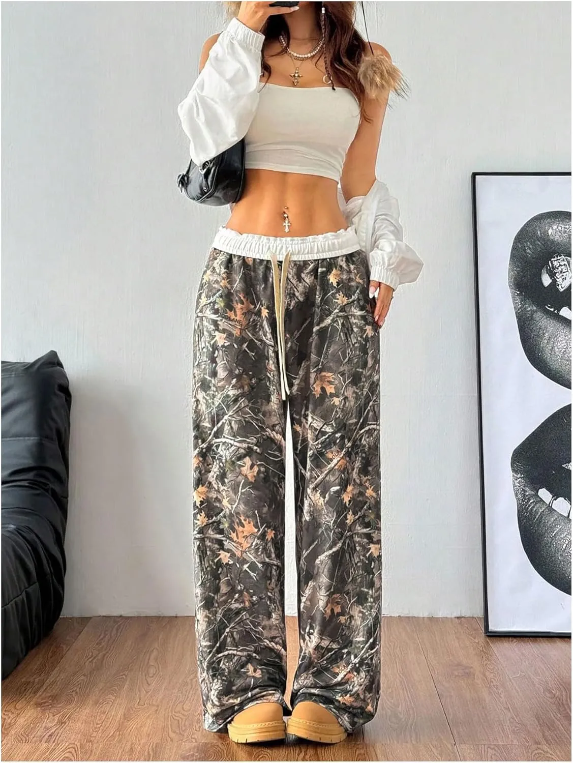 SOLY HUX Women's Camo Pants Wide Leg Baggy Sweatpants Elastic Waist Drawstring Loose Pants
