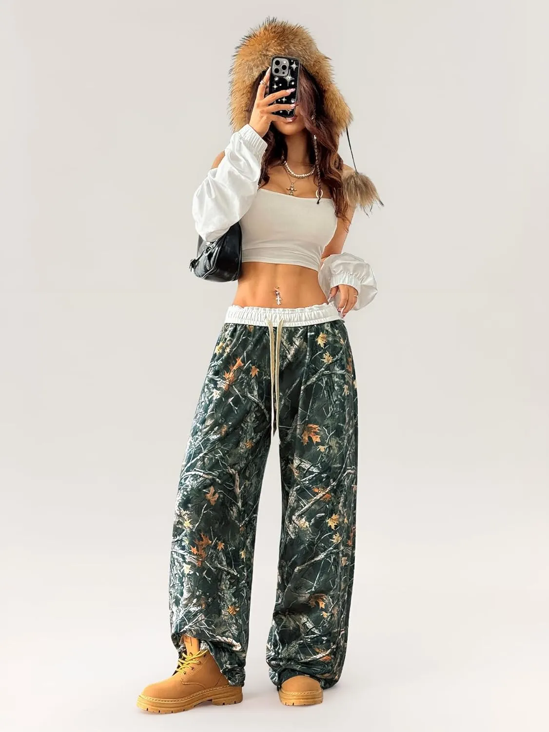 SOLY HUX Women's Camo Pants Wide Leg Baggy Sweatpants Elastic Waist Drawstring Loose Pants