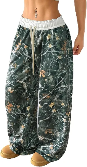SOLY HUX Women's Camo Pants Wide Leg Baggy Sweatpants Elastic Waist Drawstring Loose Pants