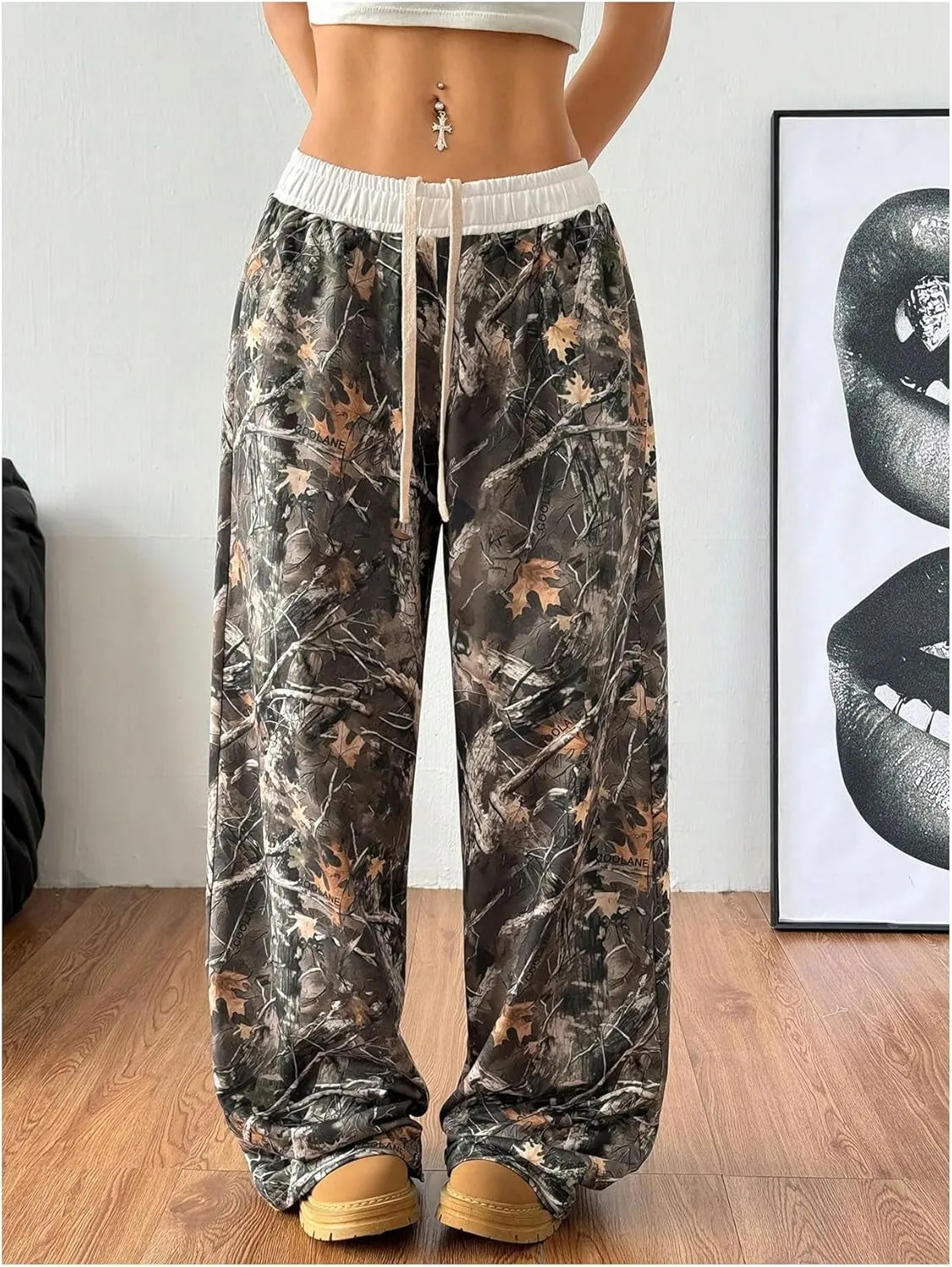 SOLY HUX Women's Camo Pants Wide Leg Baggy Sweatpants Elastic Waist Drawstring Loose Pants