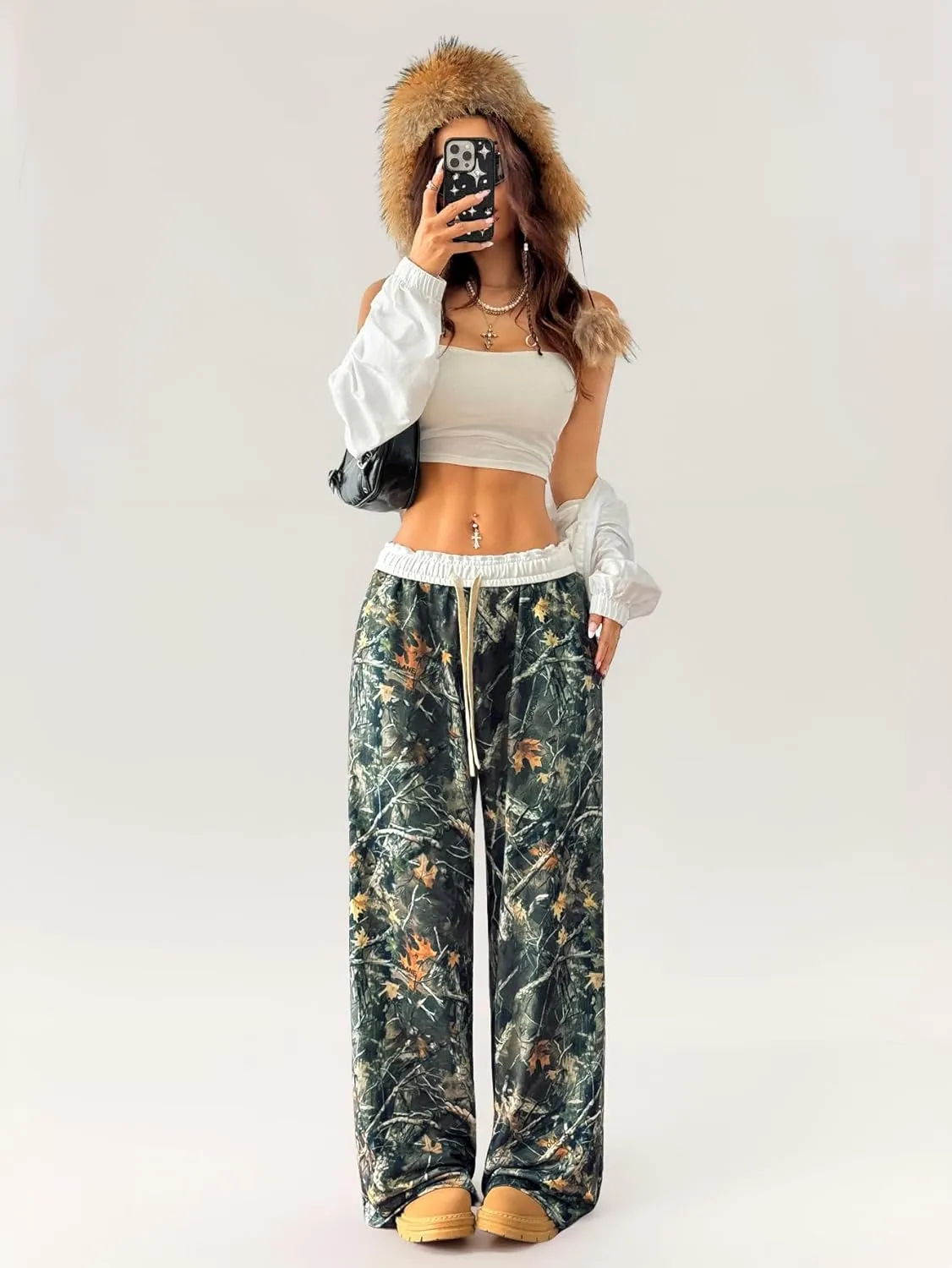 SOLY HUX Women's Camo Pants Wide Leg Baggy Sweatpants Elastic Waist Drawstring Loose Pants