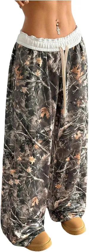 SOLY HUX Women's Camo Pants Wide Leg Baggy Sweatpants Elastic Waist Drawstring Loose Pants