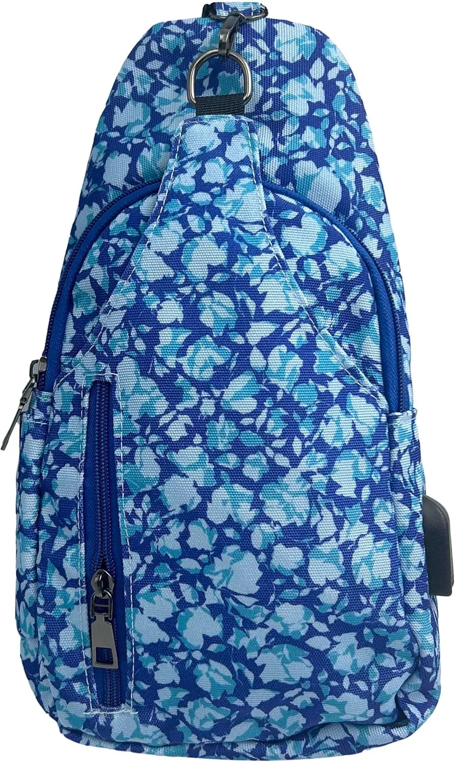 Sonoma Antitheft Daypack Crossbody Sling Backpack, USB Charging, Lightweight Day Pack for Travel, Hiking, Everyday, Regular Blue Botanical