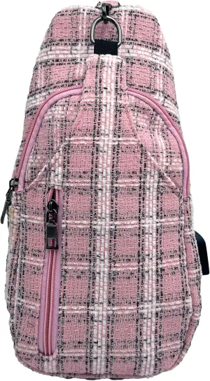 Sonoma Antitheft Daypack Crossbody Sling Backpack, USB Charging, Lightweight Day Pack for Travel, Hiking, Everyday, Regular Pink/Sliver Tweed