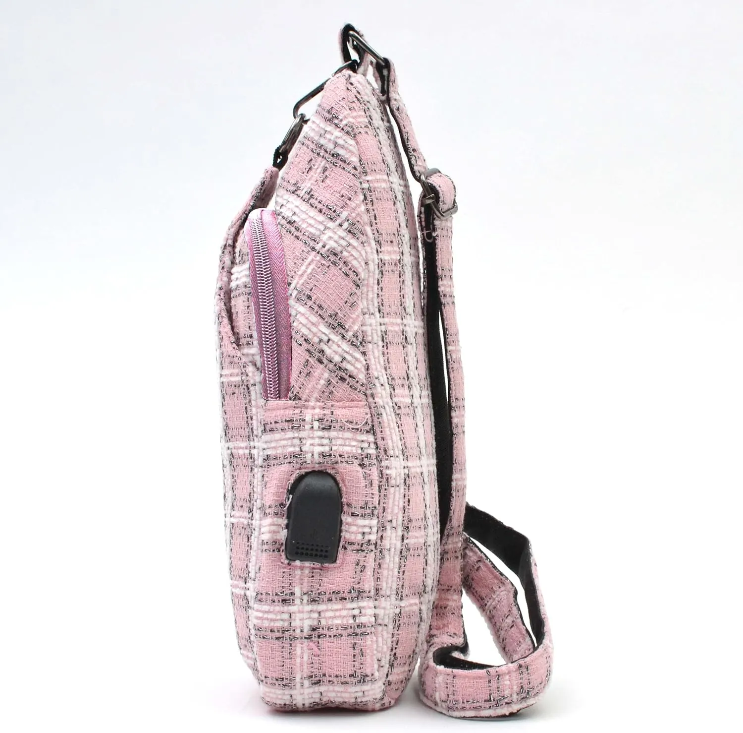 Sonoma Antitheft Daypack Crossbody Sling Backpack, USB Charging, Lightweight Day Pack for Travel, Hiking, Everyday, Regular Pink/Sliver Tweed