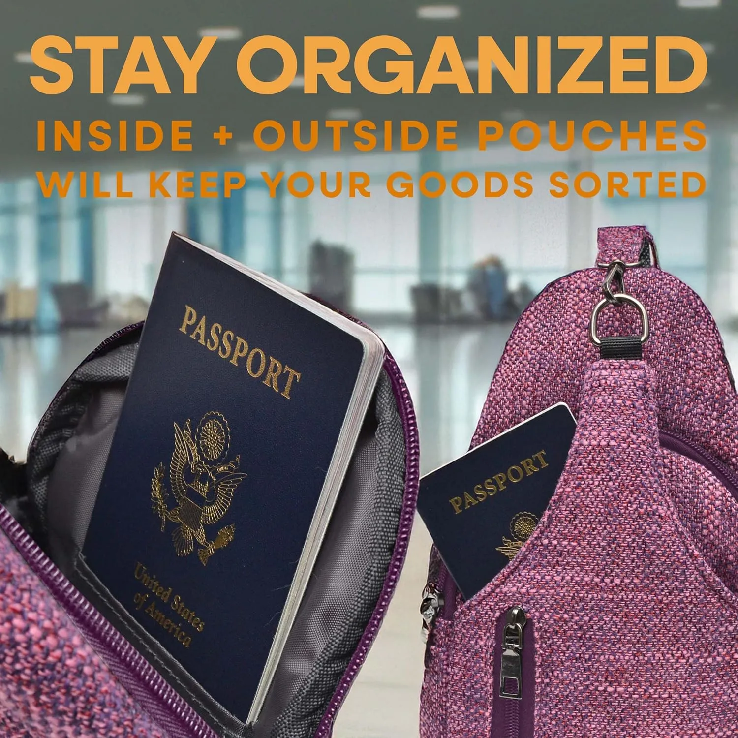 Sonoma Antitheft Daypack Crossbody Sling Backpack, USB Charging, Lightweight Day Pack for Travel, Hiking, Everyday, Regular Pink/Sliver Tweed