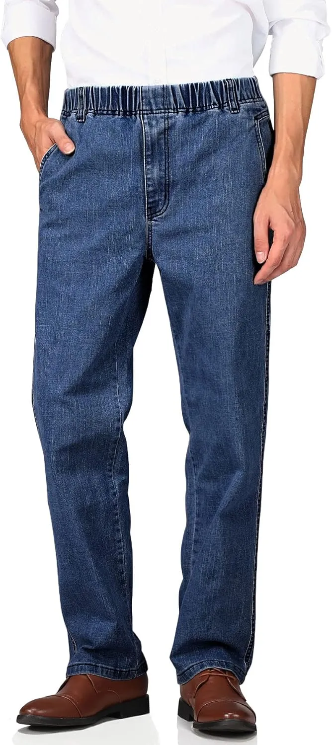 Soojun Mens Casual Loose Fit Elastic Waist Jeans Denim Pants