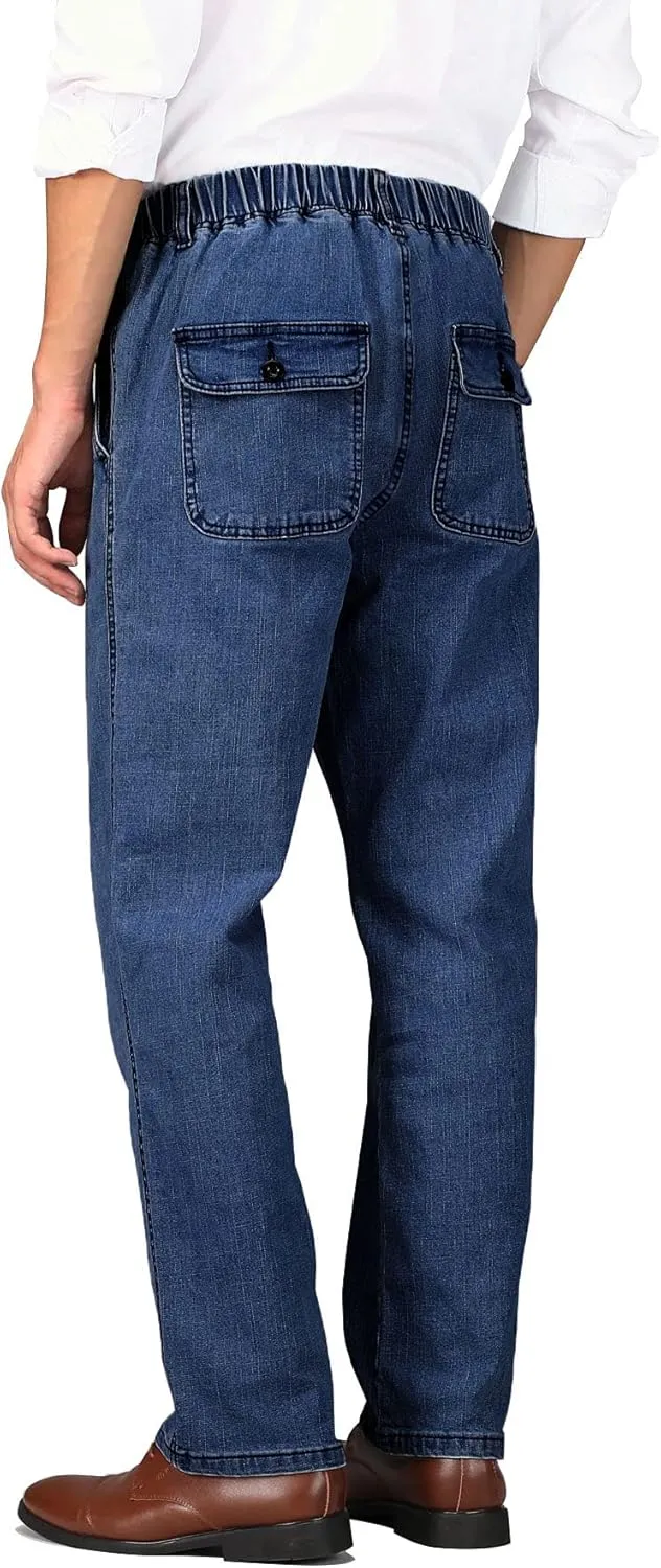 Soojun Mens Casual Loose Fit Elastic Waist Jeans Denim Pants