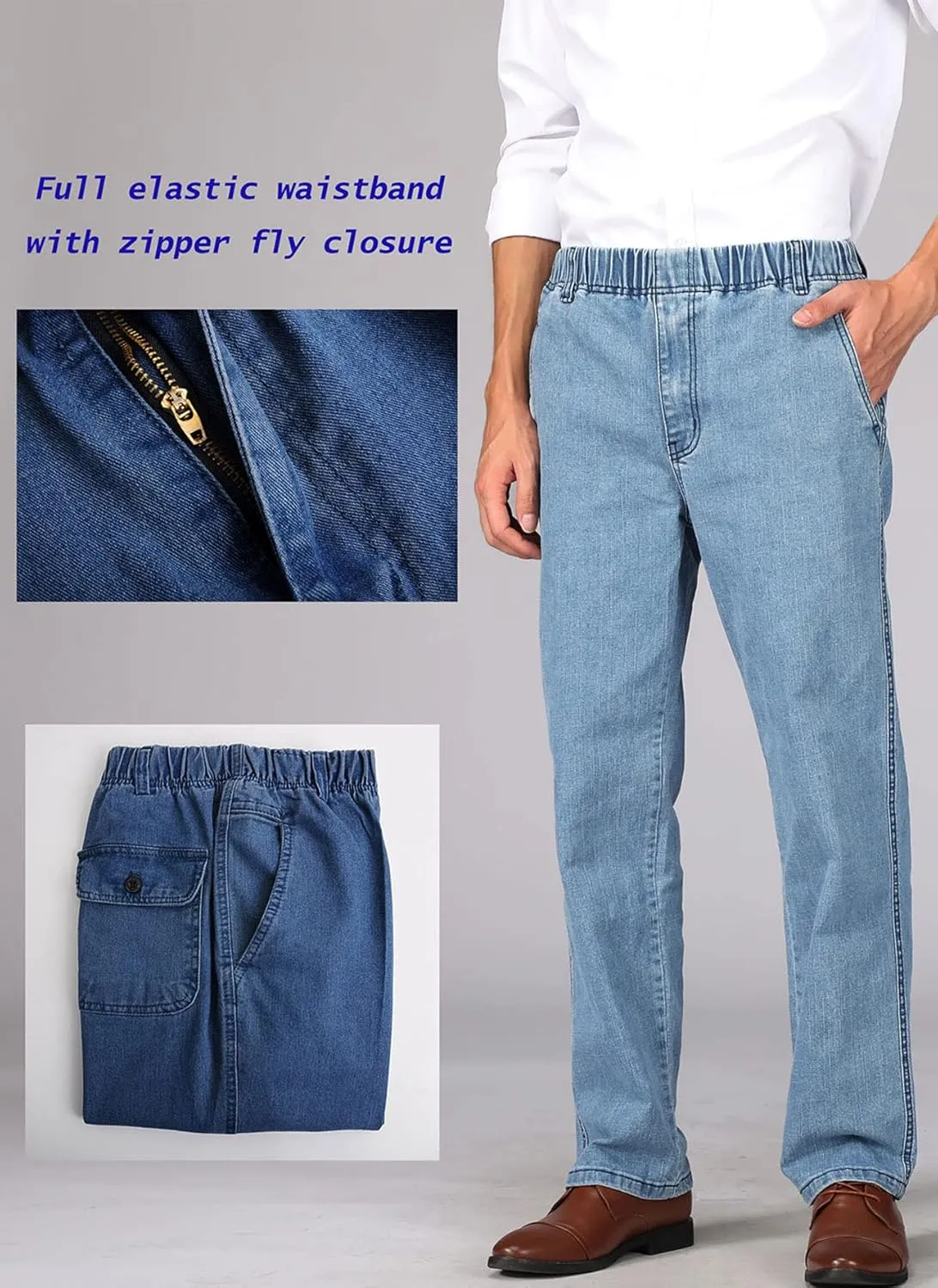 Soojun Mens Casual Loose Fit Elastic Waist Jeans Denim Pants