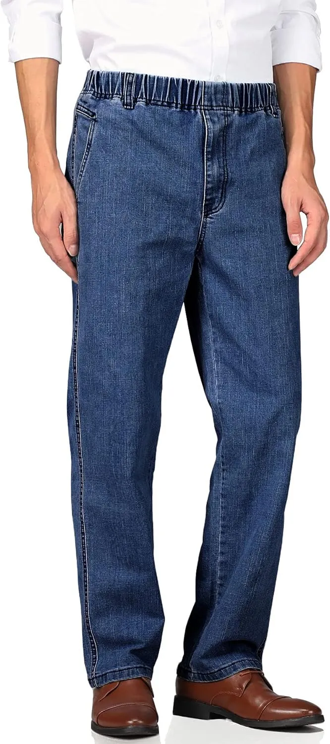 Soojun Mens Casual Loose Fit Elastic Waist Jeans Denim Pants