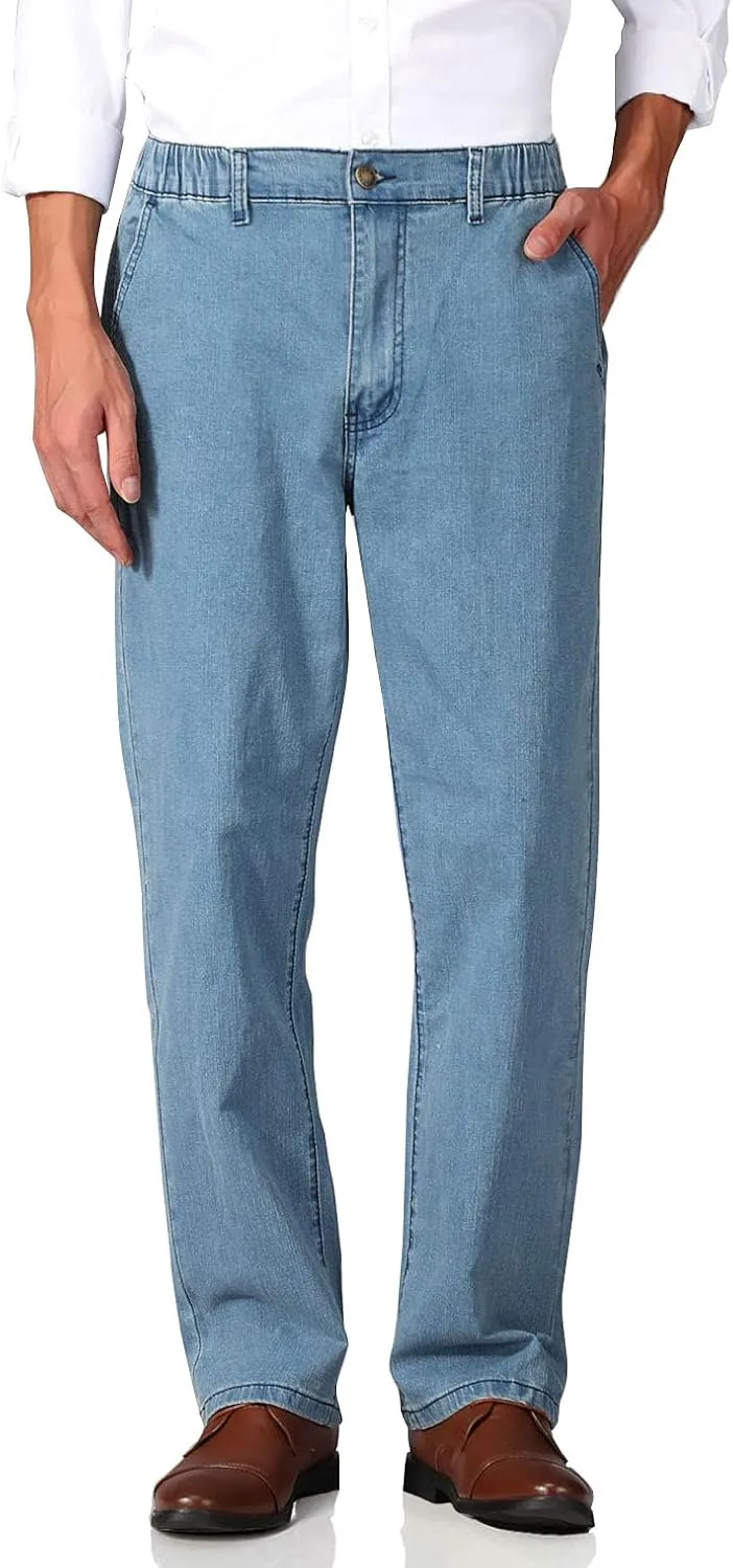 Soojun Mens Elastic Waist Jeans Relaxed Fit with Zipper and Button